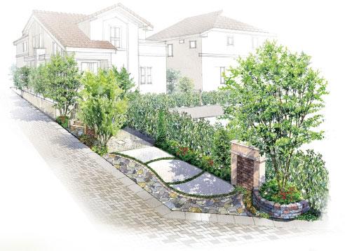 Rendering (appearance). The entrance of the city blocks in the "Owner's gate (1)" is, Providing a texture a brick tile accent wall and symbol tree, Directing the barrier properties. ( "Owner's gate" image illustrations ※ 6)