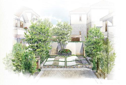 Rendering (appearance). "Owner's approach (2)" is, Taking advantage of the difference in height of the land, Gatepost ・ Using an accent wall, Me is not welcomed comfortably who live by providing a "ice top". ( "Owner's approach" image illustrations ※ 6)