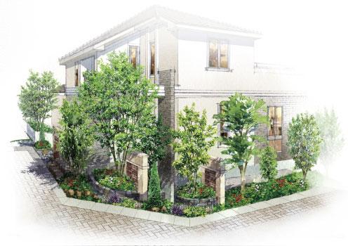 Rendering (appearance). The accent is on the corner of the street set up a "corner wall (3)". Underfoot, Lush directing the streets by arranging a variety of planting and natural stone. ( "Corner Wall" image illustrations ※ 6)