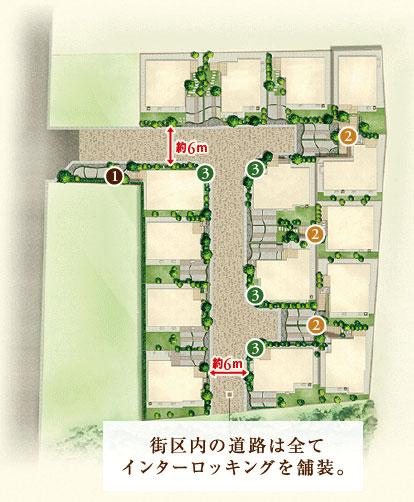 The entire compartment Figure. All 15 House is born beautiful rich green planting. Road width is about 5 ~ To ensure about 6m, Adopted the "interlocking" to all of the city wards road. Spread was full of bright and airy streets. (Site layout image illustrations ※ 6)