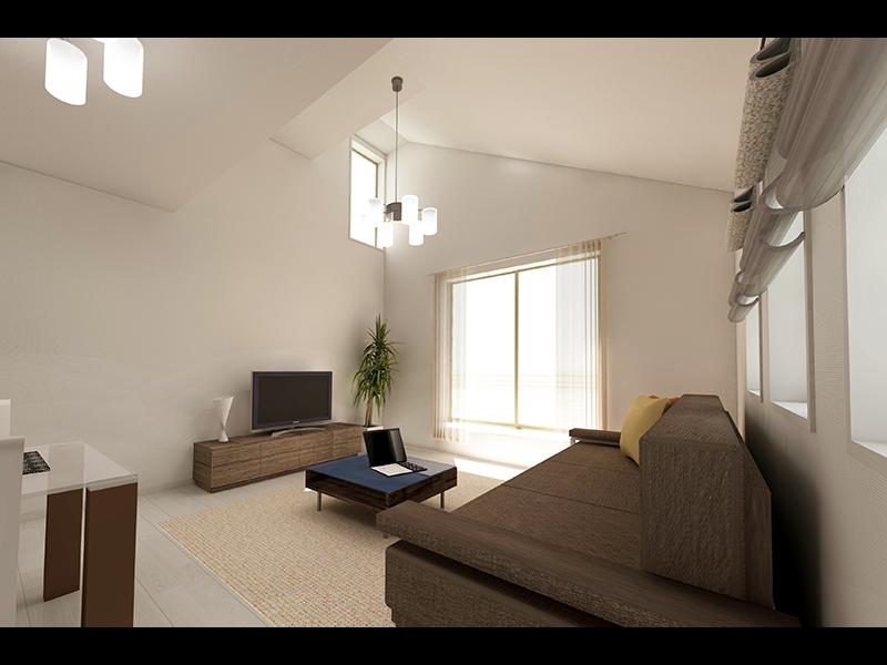 Local appearance photo. Rendering CG / Bright atmosphere of the living room to capture the sunlight than the high windows were placed to a high ceiling (Building 2)