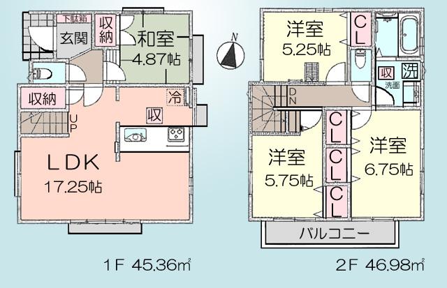 Floor plan. (1 Building), Price 53,800,000 yen, 4LDK, Land area 90.1 sq m , Building area 92.34 sq m