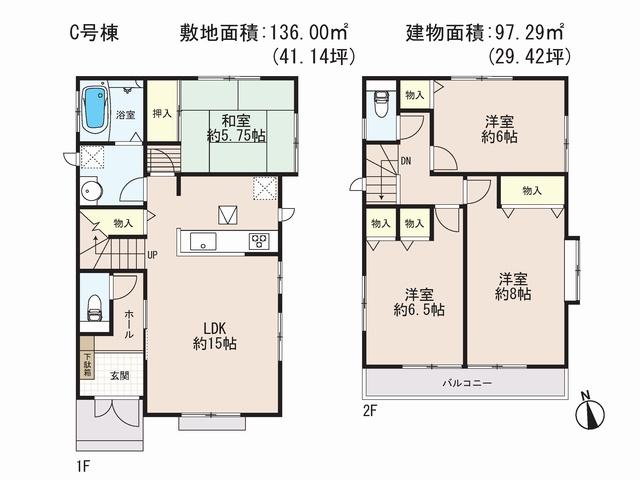 Floor plan. (C Building), Price 39,800,000 yen, 4LDK, Land area 136 sq m , Building area 97.29 sq m
