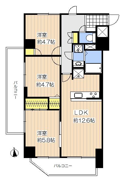 Floor plan. 3LDK, Price 31,800,000 yen, Footprint 65 sq m , Balcony area 13.6 sq m southwest angle room ・ All rooms flooring Chokawa