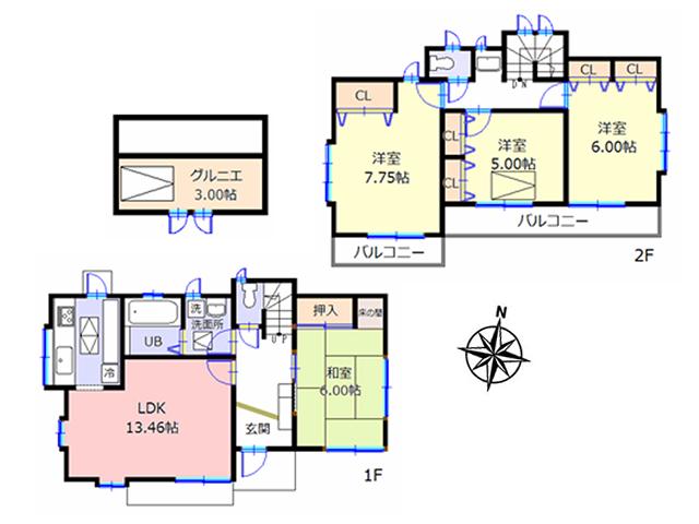 Floor plan. 46,900,000 yen, 4LDK, Land area 117.35 sq m , 2-chome Floor building area 93.49 sq m Kokubunji East yuan-cho