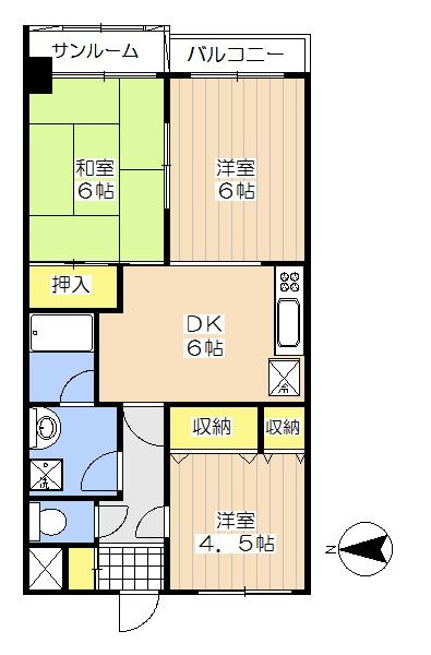 Floor plan. 3DK, Price 23.8 million yen, Footprint 53.3 sq m , 3DK of balcony area 2.5 sq m with sun room, You Jose laundry even on rainy days!