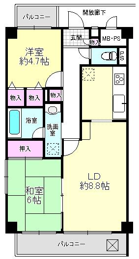 Floor plan. 3DK, Price 25,800,000 yen, Occupied area 53.36 sq m , Balcony area 9.56 sq m