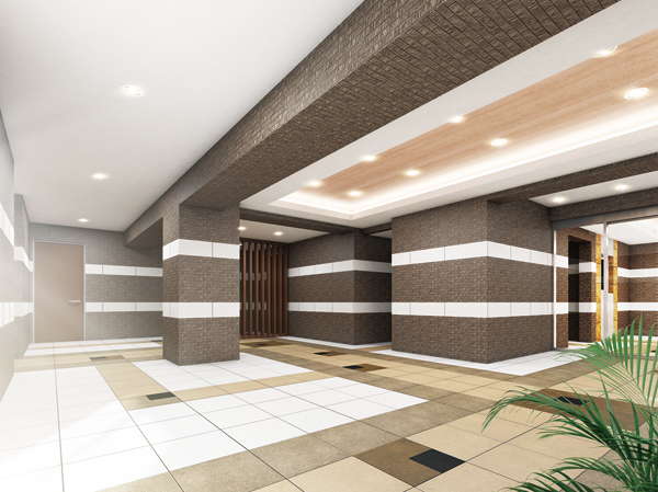 Shared facilities.  [Entrance Hall Rendering] Chic entrance hall to keynote the brown color had settled to succeed to the dignity of the facade. And decorate the walls and pillars made grid of white lines and Sulfur butterfly is a pleasant accent mind to also be relaxed relaxing relaxed space body, It invites the graceful.