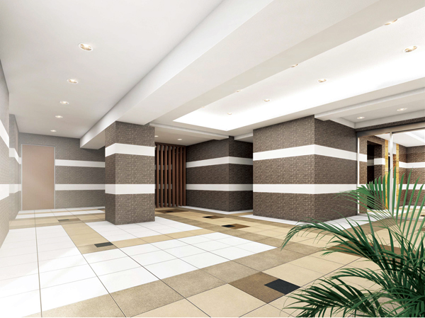 Buildings and facilities. Chic entrance hall to keynote the brown color had settled to succeed to the dignity of the facade. And decorate the walls and pillars made grid of white lines and Sulfur butterfly is a pleasant accent mind to also be relaxed relaxing relaxed space body, It invites the graceful. (Entrance Hall Rendering)