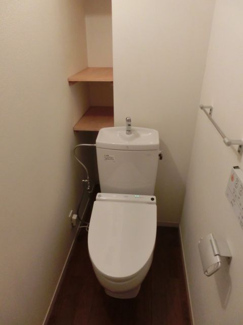 Toilet. The toilet has a shelf