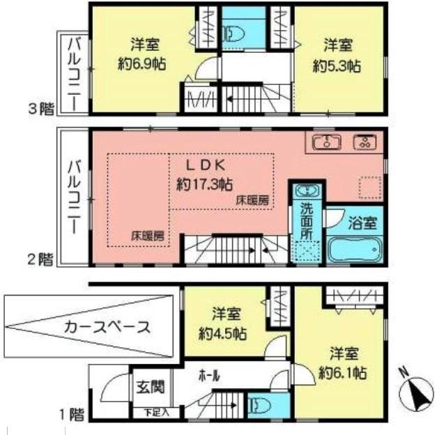 Floor plan. (Building 2), Price 48,800,000 yen, 4LDK, Land area 60.89 sq m , Building area 101.45 sq m
