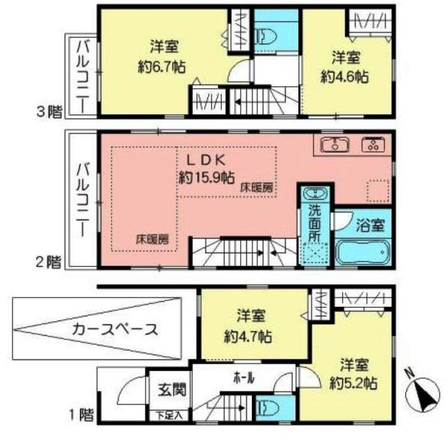 Floor plan. (3 Building), Price 45,800,000 yen, 4LDK, Land area 57.48 sq m , Building area 95.08 sq m