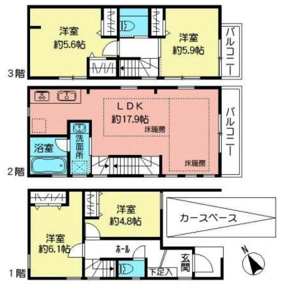 Floor plan. (6 Building), Price 52,800,000 yen, 4LDK, Land area 62.75 sq m , Building area 101.35 sq m