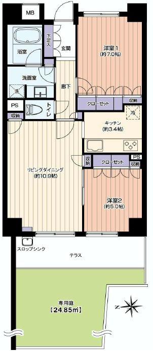 Floor plan. 2LDK, Price 28.8 million yen, Occupied area 61.54 sq m