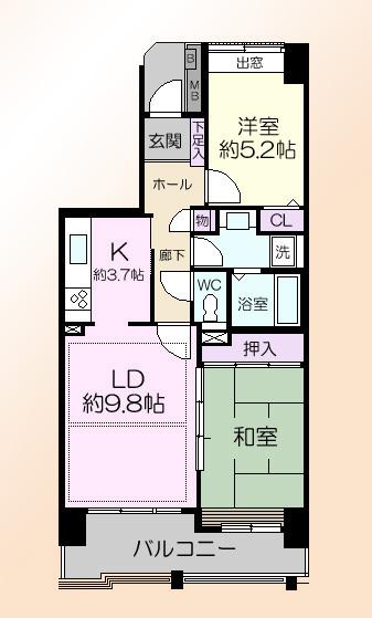 Floor plan. 2LDK, Price 29,800,000 yen, Occupied area 63.69 sq m , Balcony area 10.34 sq m