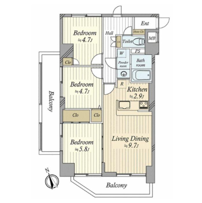 Floor plan. 3LDK, Price 31,800,000 yen, Footprint 65 sq m , Balcony area 13.6 sq m