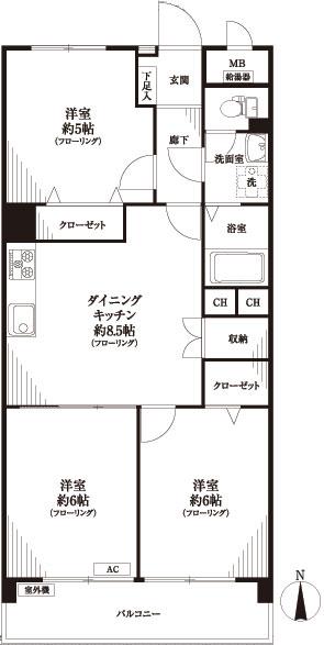 Floor plan. 3DK, Price 23.8 million yen, Occupied area 58.39 sq m , Balcony area 6.6 sq m