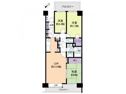 Floor plan. 3LDK, Price 28.8 million yen, Occupied area 72.48 sq m , Since the balcony area 15.45 a sq m two-sided balcony, Ventilation is good.