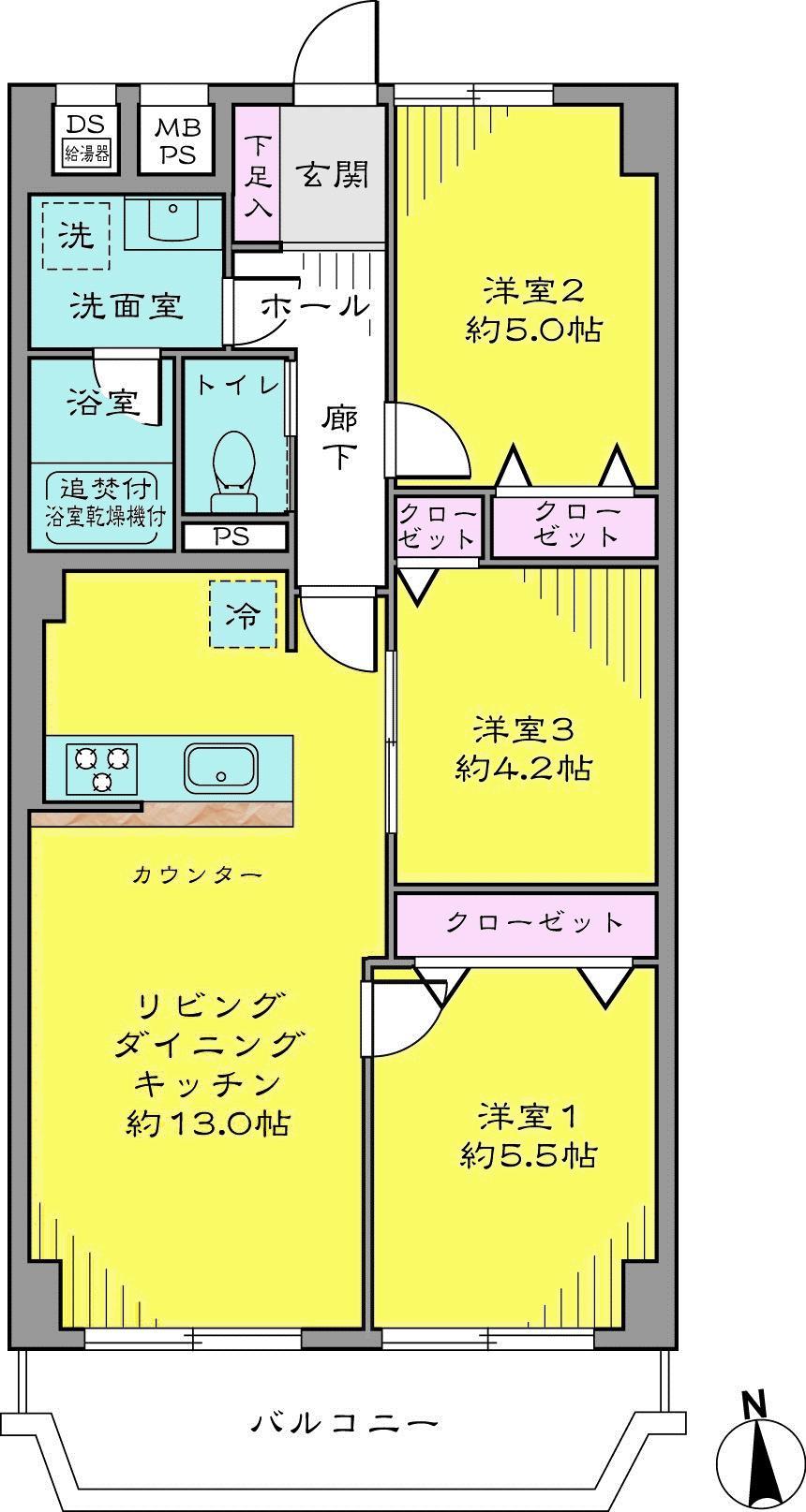 Floor plan. 3LDK, Price 32,800,000 yen, Footprint 61.6 sq m , Balcony area 7.6 sq m ◎ 61.60 of sq m 3LDK ◎ face-to-face counter kitchen ◎ management system good