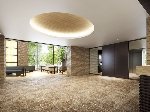 Shared facilities.  [Entrance Hall Rendering] Cafe ・ Entrance Hall provided Saab corner and concierge counter. Floor of the hall is tiled, Concierge counter, In expressive marble, It finished in an elegant atmosphere.