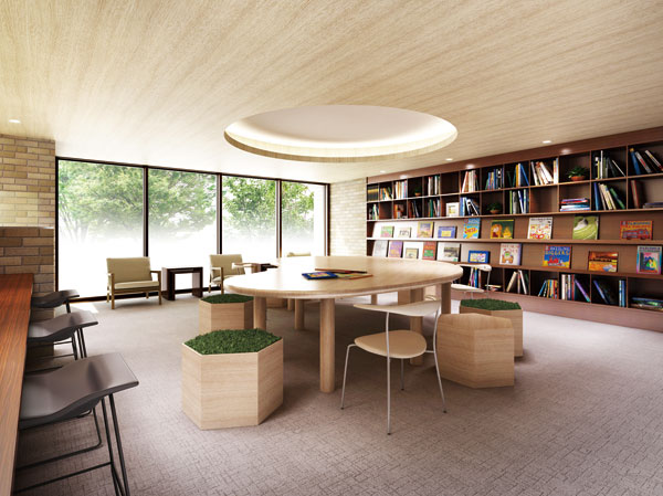 Shared facilities.  [Picture book library Rendering] So that can read a book in the free style, A large table and sofa seat, Installation and counter seat. Guests can enjoy a reading relax.