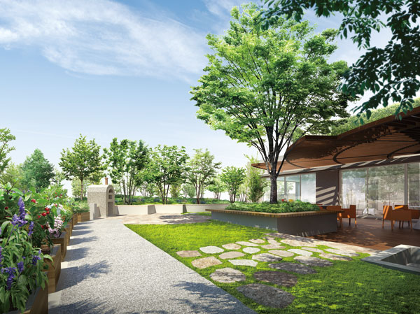 Shared facilities.  [Hill Terrace Rendering of wind] Parking Lot, Using the roof, such as disaster prevention warehouse, Established the open-air of the wind of the hill terrace. It also contributes to the prevention of global warming on the rooftop greening by lawns and planting.