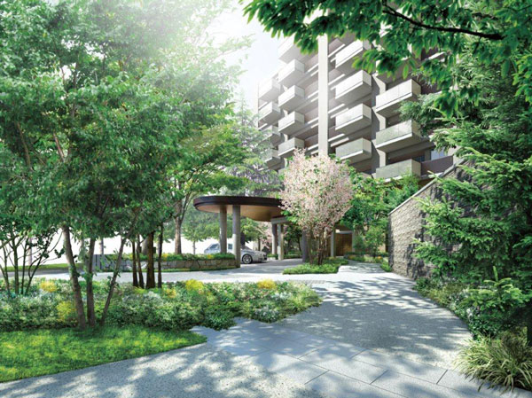Buildings and facilities. "Three is for the birds, Two, while based on the "" five trees "of Sekisui House plan for butterfly, Man and nature, Connecting the house and the town, It portrays the landscape of moisture.  ※ Welcome Garden Rendering