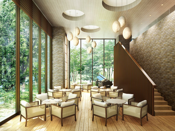Buildings and facilities. Entrance lounge of the two-layer blow is, Open space where trees spread through the window of one side. As we greet the family and guests with warmth, Flooring that take advantage of the wood grain of the oak with a section, On the wall surface, Taking advantage of the texture of handmade tiles which includes the texture of natural materials, To emphasize the warmth of space.   ※ Entrance lounge Rendering
