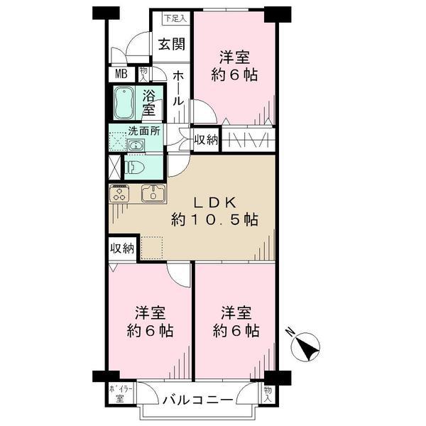 Floor plan. 3LDK, Price 17,980,000 yen, Occupied area 63.69 sq m , Balcony area 6.18 sq m