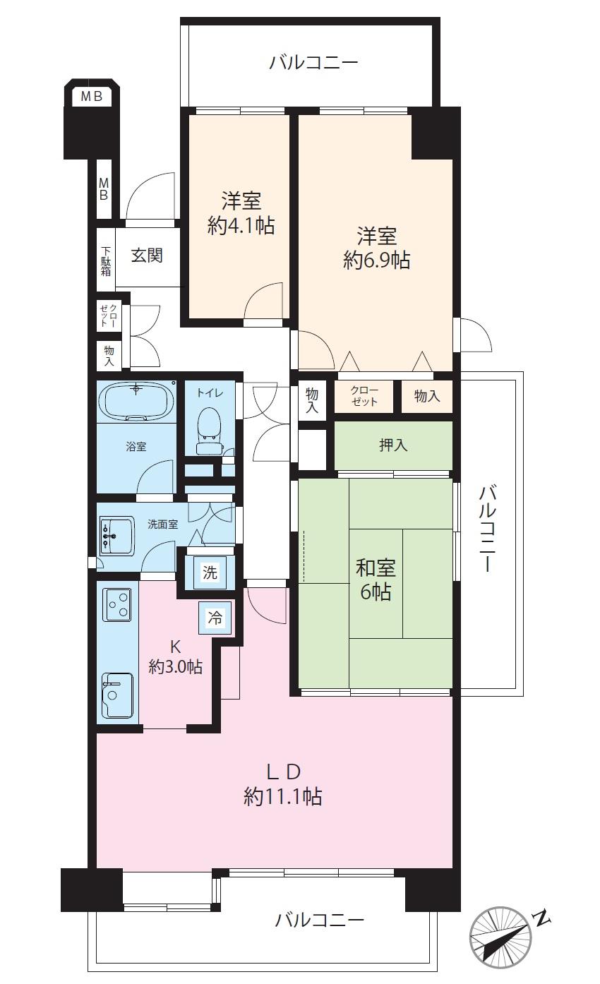 Floor plan. 3LDK, Price 29,800,000 yen, Occupied area 72.48 sq m , Bright-room on the balcony area 19.7 sq m 3 face lighting.
