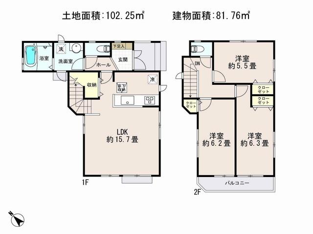 Floor plan. (E Building), Price 43,800,000 yen, 3LDK, Land area 102.25 sq m , Building area 81.76 sq m