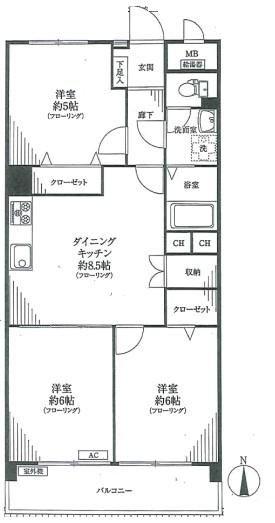 Floor plan. 3DK, Price 23.8 million yen, Occupied area 58.39 sq m , Balcony area 6.6 sq m Floor