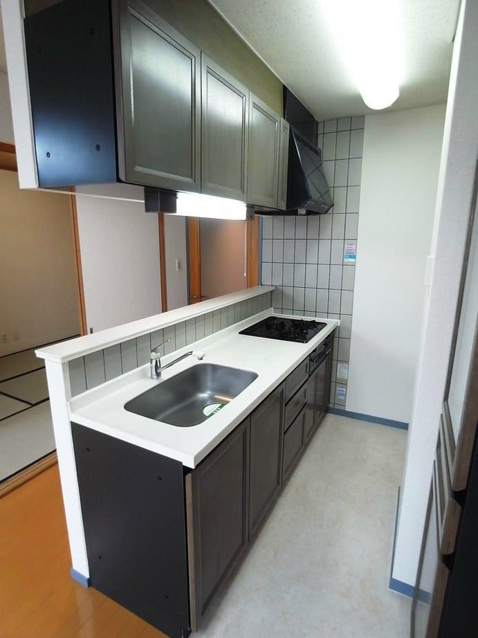 Kitchen. System kitchen is a three-necked gas stove ・ With grill
