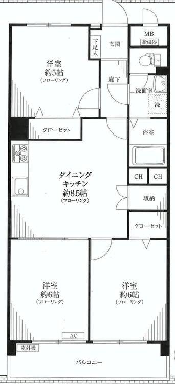 Floor plan. 3DK, Price 23.8 million yen, Occupied area 58.39 sq m , Balcony area 6.6 sq m