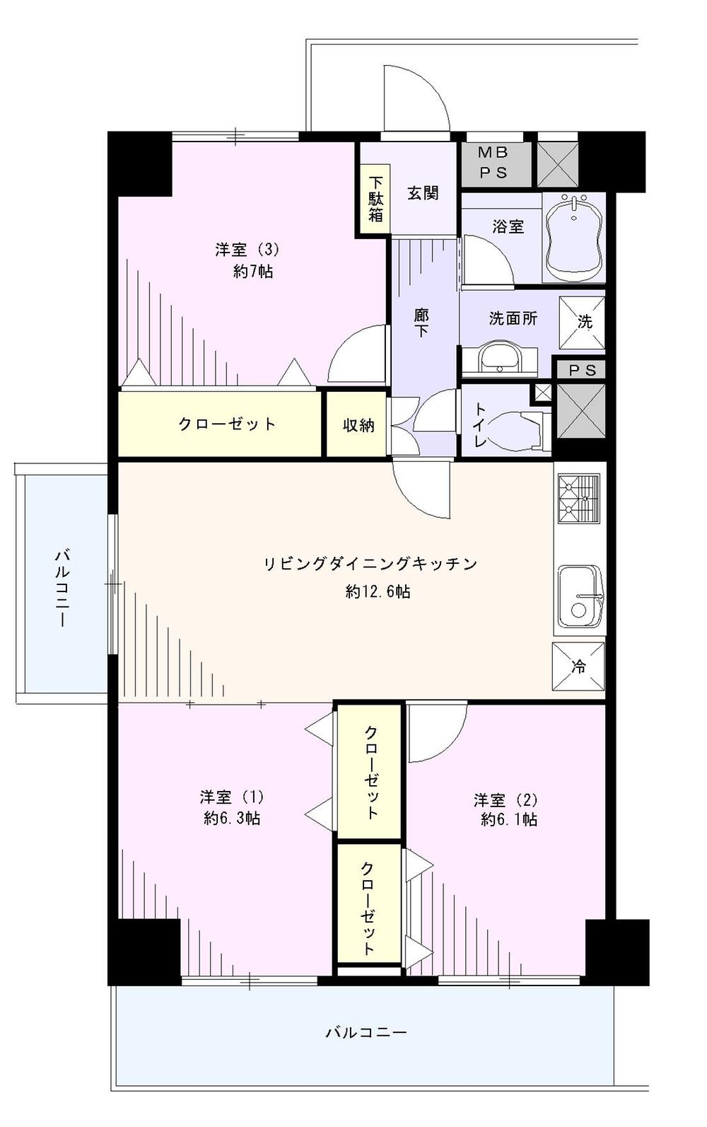 Floor plan. 3LDK, Price 24,800,000 yen, Footprint 71.5 sq m , Balcony area 11.4 sq m