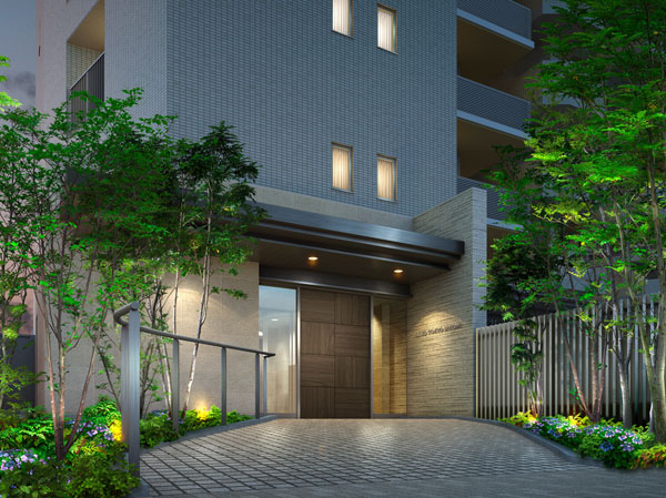 Shared facilities.  [Worthy of the front door of the house, Dignity is Kaoru entrance approach] All houses southeast of the residential building ・ Placed comfortably in the southwest-facing. Facing the street, Along with the provision of the sidewalk-like open space of a width of about 2m, Subjected to extensive planting, including the symbol tree of evergreen oak around Entrance, It drew dignity certain approach that moisture is welcome. (Entrance Rendering)