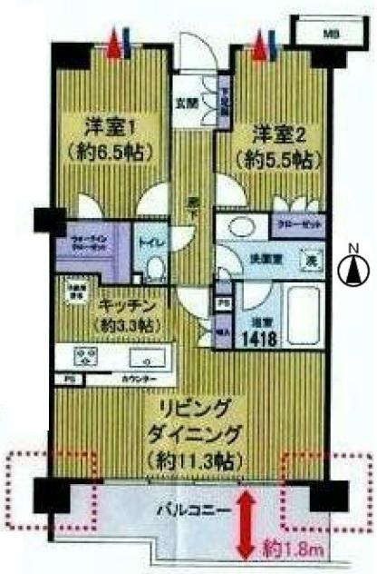 Floor plan. 2LDK, Price 29,800,000 yen, Occupied area 60.04 sq m , Balcony area 9.75 sq m