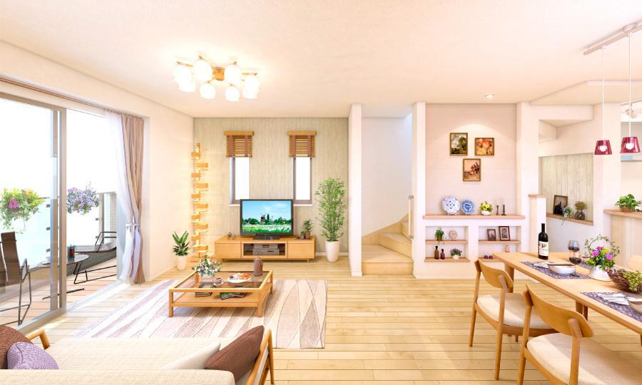 Rendering (introspection). Bright living room with a balcony deck will be the center of life.