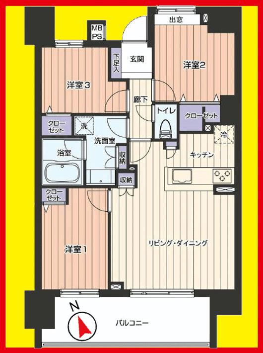 Floor plan. 3LDK, Price 38,800,000 yen, Occupied area 72.07 sq m , Balcony area 12.66 sq m