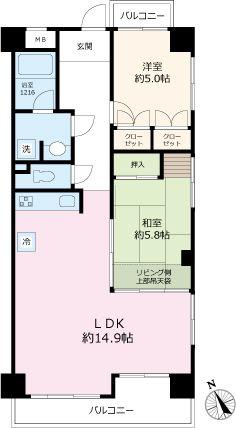 Floor plan. 2LDK, Price 34,800,000 yen, Occupied area 64.59 sq m , Balcony area 8.73 sq m Floor 2LDK