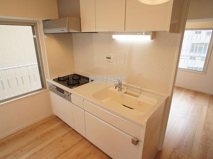 Kitchen. Stylish kitchen of white, There is also a window