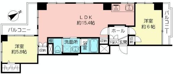 Floor plan. 2LDK, Price 31,800,000 yen, Occupied area 62.55 sq m , Balcony area 8.92 sq m