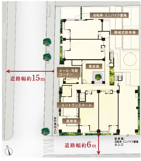 Shared facilities.  [Relaxed the land of the two-way contact road decorate the streets of the landscape] Location facing the road two-way is spacious is, Together to highlight the presence, such as if facing the sky and city, Leads to sunlight and wind to fully, A pleasant everyday full of sense of openness. (Site layout shown in the illustration)