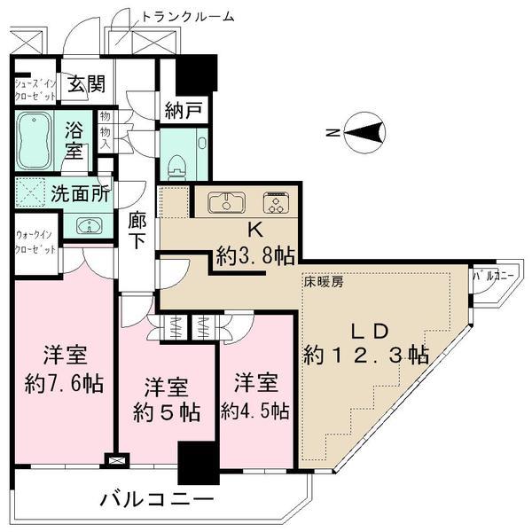 Floor plan. 3LDK, Price 66,800,000 yen, Occupied area 76.58 sq m , Balcony area 10.15 sq m