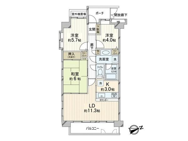 Floor plan. 3LDK, Price 29,800,000 yen, Occupied area 65.04 sq m , Balcony area 7.2 sq m