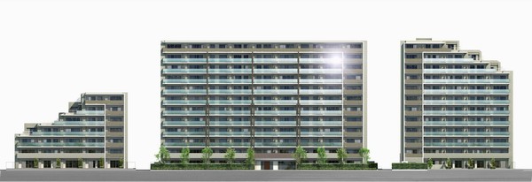 Exterior CG (building west side (left) ・ South side (medium) ・ East an elevation view seen from the (right) which was arranged in a row, In fact it does not line up in this way)