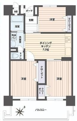 Floor plan. 3DK, Price 27,800,000 yen, Occupied area 60.77 sq m , Balcony area 8.31 sq m