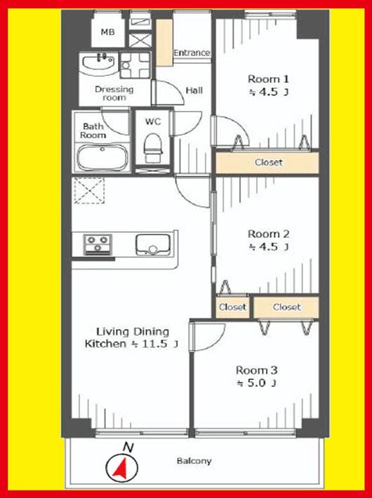 Floor plan. 3LDK, Price 22,800,000 yen, Occupied area 61.04 sq m , Balcony area 7.3 sq m