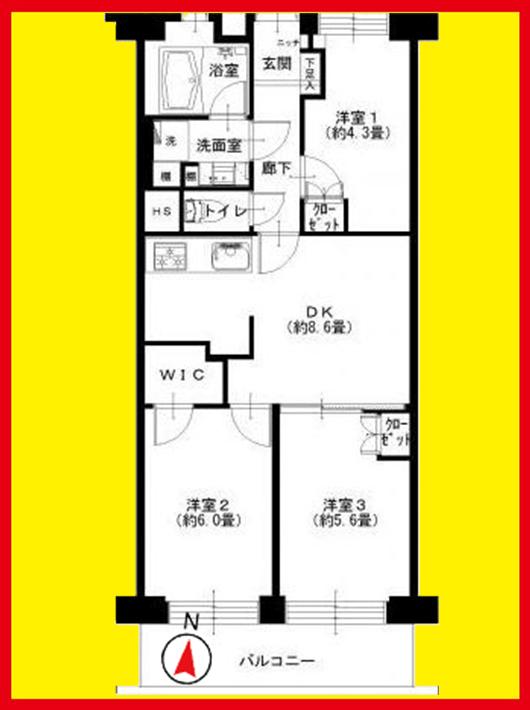 Floor plan. 3DK, Price 26,900,000 yen, Footprint 55 sq m , Balcony area 6.5 sq m
