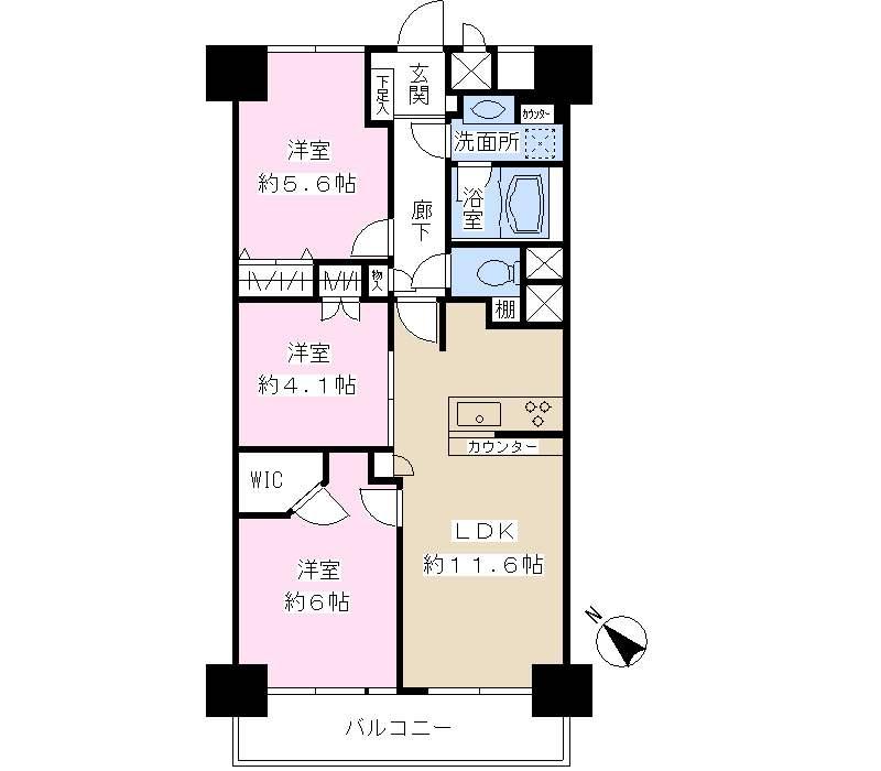 Floor plan. 3LDK, Price 32,900,000 yen, Footprint 61.6 sq m , Balcony area 6.72 sq m